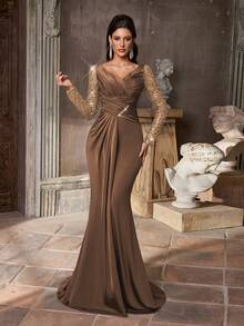 Aureia Đồ bơi co giãn đính nút trang trí sang trọng, ngọc trai, vải dệt kim, tay áo trong suốt, chân váy đuôi cá nhún bèo, thích hợp cho đám cưới, tiệc tùng, kỳ nghỉ, váy dạ hội (trang trí đậm) - Cà phê nâu - Xem 2