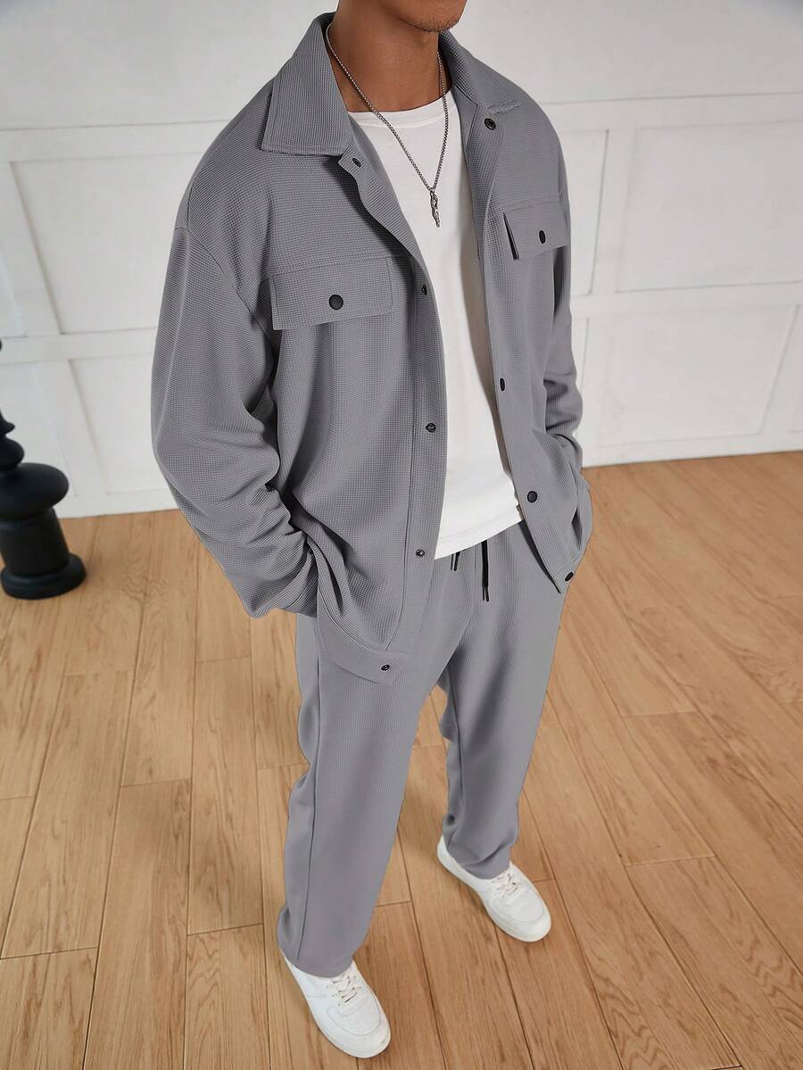 Manfinity Hypemode Men's Waffle Textured Jacquard Shirt And Pocket Pants Casual Suit - Grey - View 1