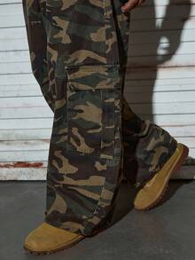 Modcrash 1 pieza Pantalón cargo de mezclilla lavada con diseño de patchwork estilo retro estadounidense de Justice Brother, pantalón casual de pierna ancha y corte holgado (cinturón y accesorios no incluidos)