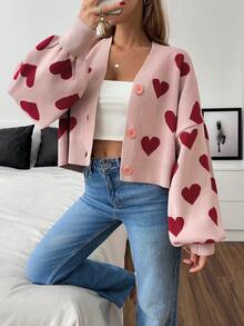EURMUSE Women's Casual Commuter Cardigan With Allover Heart Pattern, Dropped Shoulder, Loose Lantern Sleeve, Cropped Length, Button Front, Lightweight, Suitable For Autumn/Winter, Valentine's Day - Pink - View 6
