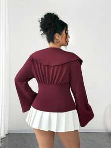 SHEIN Clasi Plus Size Women Zipper Front Cinched Waist Flare Sleeve Sweatshirt, Fashionable & Versatile - Burgundy - View 2