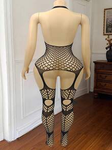 ChaseTheNight 加大码女式性感内衣镂空透视连体袜弹力开裆紧身衣 - 黑色 - 查看 2