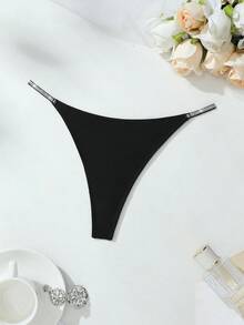 SHEIN Women's Fashionable Sexy Glitter Ribbon Thong Panties Micro Bikini Pearl Panties Rhinestone Panties Rhinestone Thong String Bikini Panties - Black - View 3