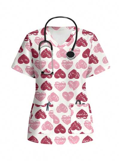 PopScrub 休闲简约全印花爱心图案V领短袖工作服上衣