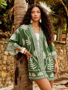 CAJUNI x Carol Peixinho Women's Vacation Tropical Print Batwing Sleeve Kimono For Beach Resort, Beach Cover Up Women, Kimono Cover Up, Green Cardigan Women, Boho Kimono, Beachwear Cover Up, Beach Kimono, Women Boho Clothing - Green - View 1