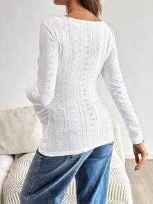 SHEIN Maternity Knit Textured Asymmetrical Neckline Long-Sleeved Slim-Fit T-Shirt, Maternity Top, Casual White Top, Maternity Wear, Maternity Shirt. Maternity Top. - White - View 2