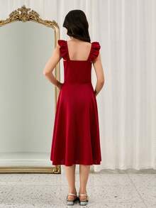 Robe de soirée élégante à col carré et manches courtes, couleur unie, pour adolescentes