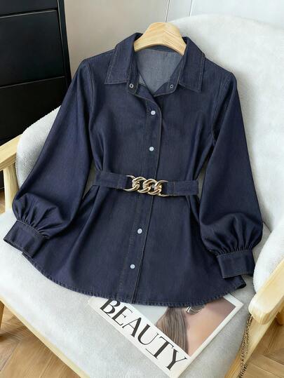 GlowEve 女士长袖单排扣腰链装饰休闲牛仔衬衫