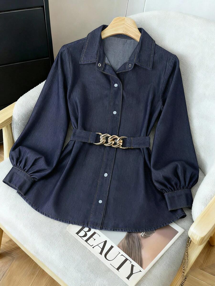 GlowEve 女士长袖单排扣腰链装饰休闲牛仔衬衫