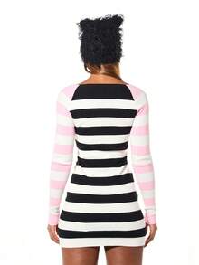 SUMWON WOMEN Váy len dệt kim sọc tay dài Raglan, cổ thuyền, dáng ôm, thường ngày thu đông - Đen và trắng - Xem 2