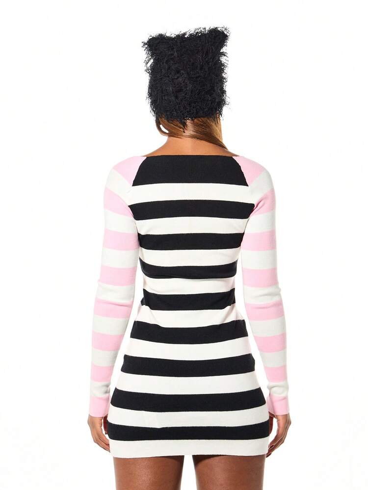 SUMWON WOMEN Raglan Sleeve Striped Knit Mini Sweater Dress Long Sleeve Bodycon Boat Neck Fall Winter Casual Dress