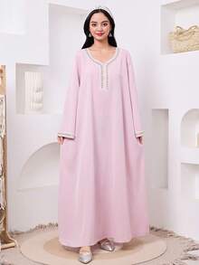 SHEIN Teen Girls' Elegant Luxurious Beaded & Rhinestone Embellished Arabic Style Dress, Spring/Summer - Pink - View 3