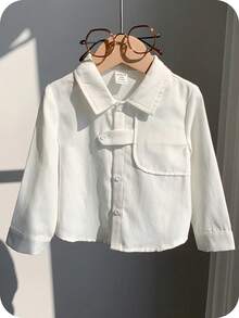 SHEIN Ropa de bebé niño, blusa de manga larga tejida de cuello blanco versátil y casual, estilo minimalista básico y cómodo, adecuado para primavera, verano, otoño, invierno, interior, exterior, diario, deportes, fiesta, sesión de fotos, festival, ropa de calle, Navidad, Año Nuevo, regreso a la escuela, camisa de bebé con botones - Blanco - Ver 4