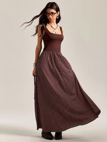 Easelle Váy midi không tay chấm bi màu cà phê dành cho nữ - màu nâu - Xem 7