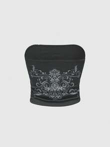 ROMWE Grunge Punk Áo croptop ống kiểu Y2K với họa tiết chữ thập dập nổi và trang trí đính đá. - Xám - Xem 2