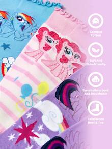 My Little Pony X SHEIN 3双装女童纯棉柔软透气吸湿儿童中筒袜，彩色条纹可爱卡通图案，加固趾部和后跟，经久耐穿，四季皆宜，适合学校和户外活动，夏季和冬季均可穿着。 - 彩色 - 查看 3