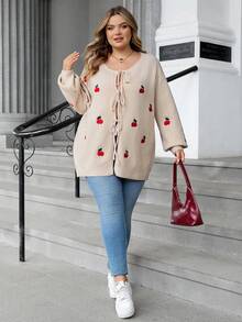 SHEIN CURVE+ 大码女式棕色蝴蝶结领开襟针织衫，舒适百搭，适合日常穿着、通勤，秋冬季/2026/新年款 - 棕色 - 查看 7