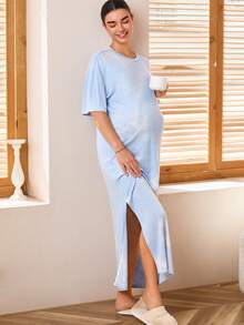 SHEIN Tie-Dye Drop Shoulder Casual Maternity Dress Lingerie Lingerie Set Underwear Women Pajama Pajama Dress Loungewear Nightgown Robe Sleepwear Sleepwear Set Tank Top With Bra Maternity Gown Baby Blue Maternity Dress Pregnant Dress Gender Reveal Maternity Dress Sleep Wear Women Maternity Clothes Maternity Wear Sleepwear Women - Blue - View 6