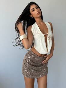 Aloruh Apricot Sequin Mini A-Line Skirt, Asymmetrical Hem Party & Christmas Skirt - Apricot - View 4