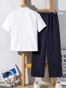 SHEIN 2pcs Kids/Tween Boys' Casual Comfortable Colorblock Short Sleeve Shirt And Solid Straight Pants Set - Multicolor - View 2