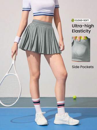 CourtClass Falda pantalón deportiva casual y versátil con cintura elástica alta y pliegues, color gris