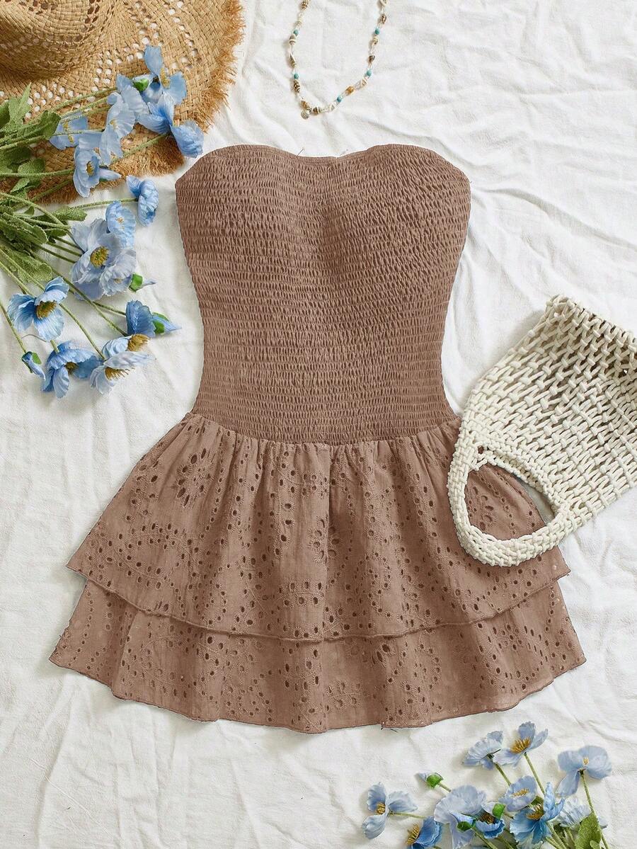 Sweetra Navy Blue Vacation Style Pleated Sleeveless Halter Sexy Cinched Waist Hollow Embroidered Ruffle Hem Elegant Dress - Camel - View 1