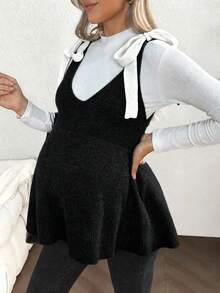 SHEIN 孕妇罗纹针织蝴蝶结荷叶边下摆时尚百搭背心