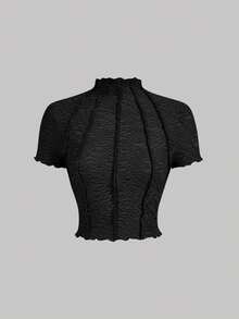 SHEIN MOD 3PCS Women's White And Brown Black Knitted Perspective Short Sleeve Top,Summer Elegant Tea Party Stand Mock Neck Ruched Ruffle See Through Tops - Multicolor - View 10