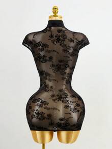 Mistrie Mandarin Collar Short Sleeve Flocked Cheongsam Sexy Elegant Hollow Out Mini Dress