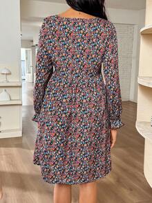 SHEIN 秋季孕妇碎花圆领灯笼袖连衣裙 - 棕色 - 查看 2