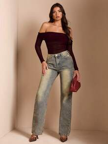 SHEIN BAE 女士修身露肩纯色性感透视网纱拼接褶皱连体衣，适合万圣节 - 紫紅色 - 查看 4