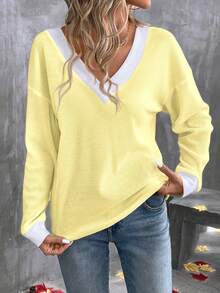 EMERY ROSE Women's Casual V-Neck Contrast Binding Loose Waffle Knit T-Shirt, Suitable For Spring/Autumn Daily Commute - Multicolor - View 5