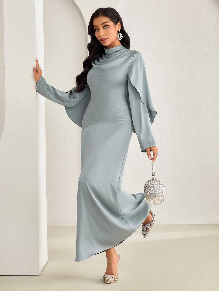 Veilorie Women's Solid Color Mandarin Collar Pleated Elegant Long Sleeve Arabian Dress Najma Dress Modest Women Modest Dress - Green - View 1