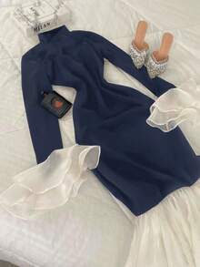 INAWLY Plus Size Color Block Mesh Patchwork Fitted Elegant Long Sleeve Dress - Navy Blue - View 2