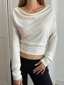 DAZY T-shirt court décontracté et élégant à manches longues, col carré et taille cintrée pour femmes, style Y2K - Blanc - Voir 4
