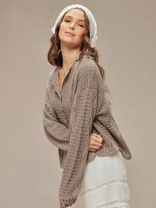 WESTFADE 钩针编织风格开襟针织长袖荷叶边宽松开衫毛衣，可爱针织上衣，适合冬季、波西米亚风、西部风、节日、圣诞节、新年、纳什维尔牛仔风、休闲场合。 - 駝色 - 查看 4