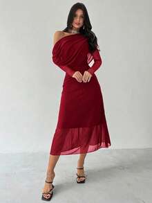 Firerie Autumn/Winter New Women's Elegant Asymmetrical Shoulder Long Sleeve Pleated Waist Knit Dress, Versatile Black Long Dress For Daily, Party, Airport, Teacher, Outing, Wedding Guest - Burgundy - View 4