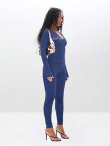 BABYPHAT Mono de manga larga con cuello en pico, con texto con adorno de strass, de estilo ajustado y de punto elástico, prenda de moda invernal casual y llamativa - Azul Marino - Ver 3