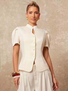 Lumalex Early Spring High Collar Puff Sleeve Hollow Metal Button Waist Fitted Women Blazer Luxury NewYearNewLook QuietLuxe Prom Gathering Party Banquet Modest Old Money Coquette Glitter Holiday Party Rave Festival Outing Vacation Hot Outdoor Richly Layered Wedding Season Banquet ID Al-Adha Al-Adha Party New Year Looks Of Party Party Dress For Autumn - Apricot - View 9