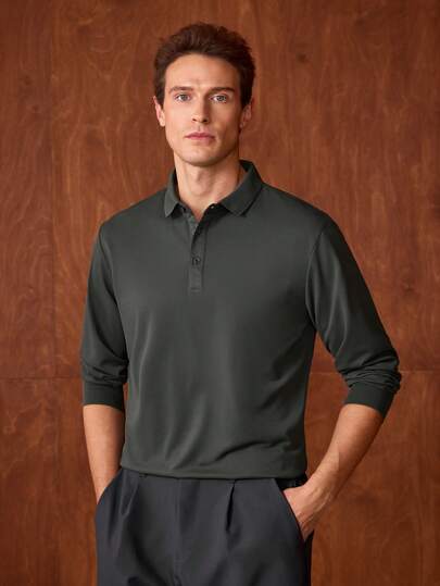 Officeau Men's Long Sleeve Polo Shirt, Casual Lightweight Business Solid Color Simple Campus Style Long Sleeve T-Shirt, Autumn/Winter Spring To Summer