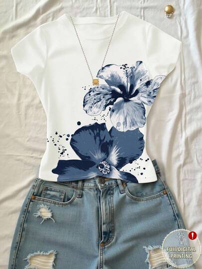 Glimmora 大码印花圆领休闲百搭白色短袖T恤