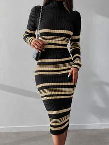 EURMUSE Striped Pattern Turtleneck Bodycon Sweater Dress - Khaki - View 1