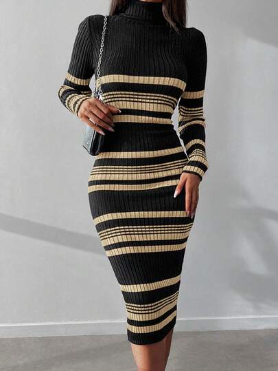 EURMUSE Striped Pattern Turtleneck Bodycon Sweater Dress