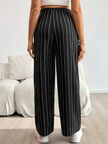 SHEIN 春季女士孕妇抽绳腰条纹休闲宽松阔腿裤，高个阔腿裤 - 黑色 - 查看 6