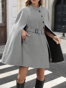 SHEIN 女士时尚千鸟格纹翻领斗篷外套，配腰带，适合工作和通勤。 - 黑與白 - 查看 6