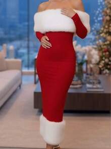 Vestido Tubo Midi Ajustado de Navidad con Ribete de Piel Sintética Blanca y Escote Bardot - ROJO - Ver 2