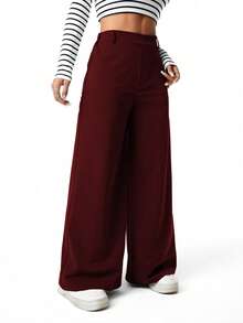 SHEIN Teen Girls' Casual Everyday Commute Minimalist Solid Color High Waist Loose Wide Leg Pants - Burgundy - View 6