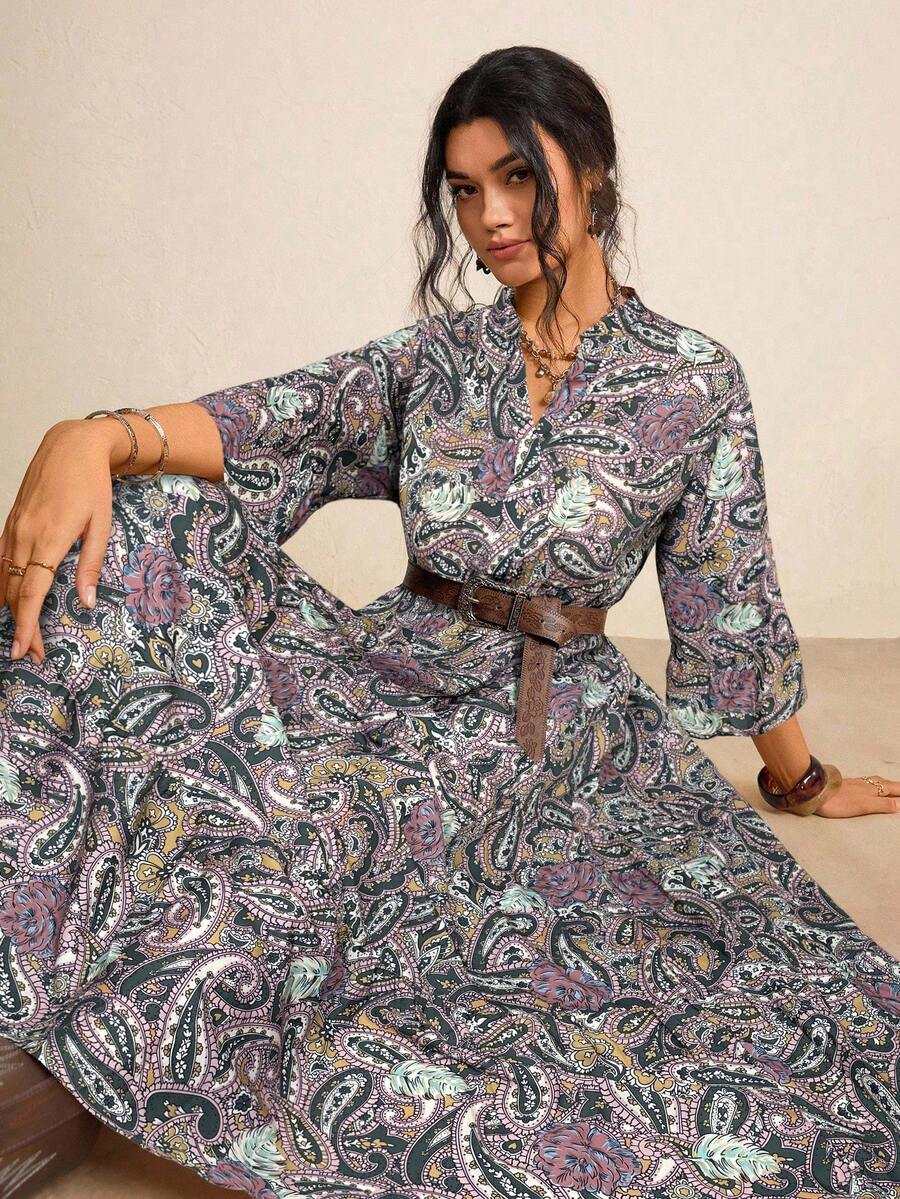 Freevana Plus Size Women Paisley Print Notched Neck Ruffle Sleeve Casual Vacation Dress, Spring/Autumn - Apricot - View 1