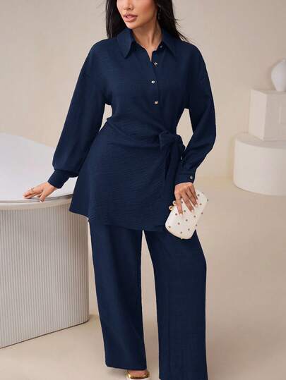 Veilorie 女士优雅纯色长袖上衣和裤子两件套