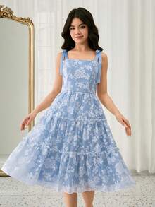 优雅碎花公主裙，无袖，方领，中长款，时尚少女连衣裙 - 藍色 - 查看 7